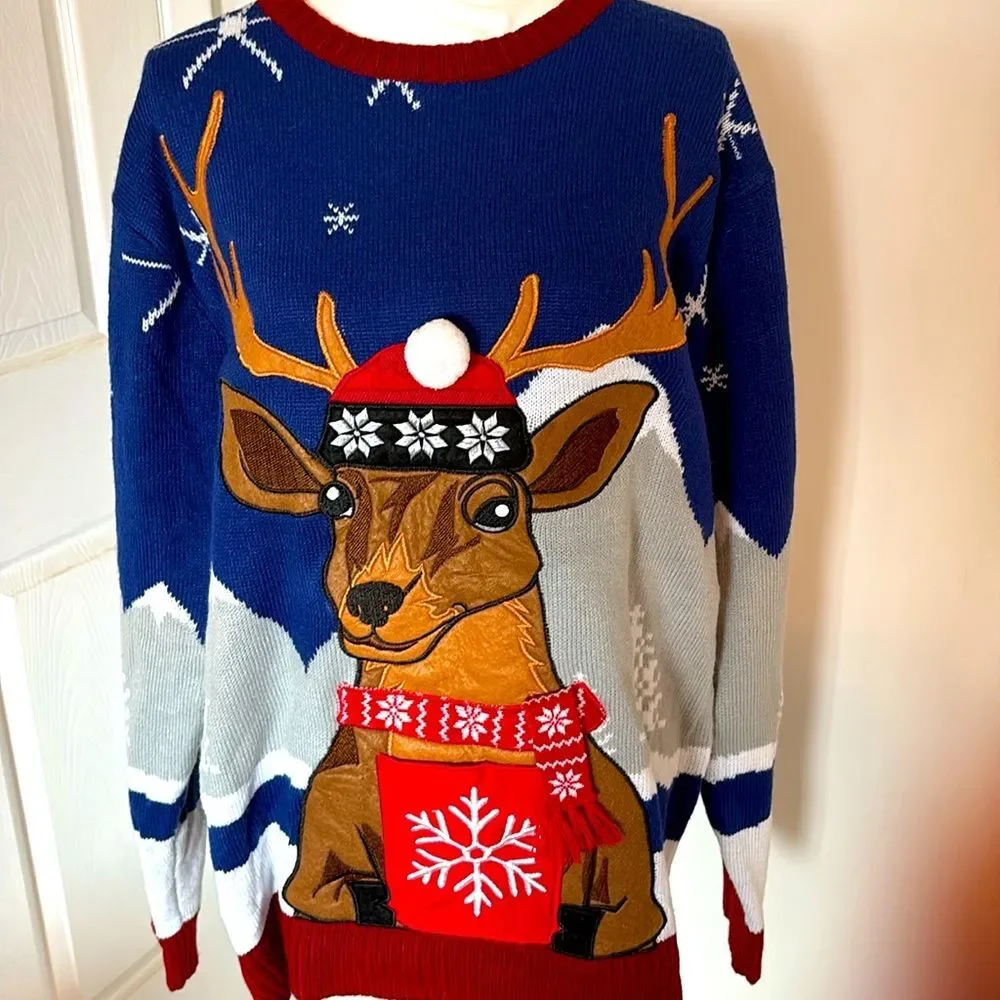 Oversized Ugly Christmas Sweater Reindeer Graphic XL Cozy Holiday Knit